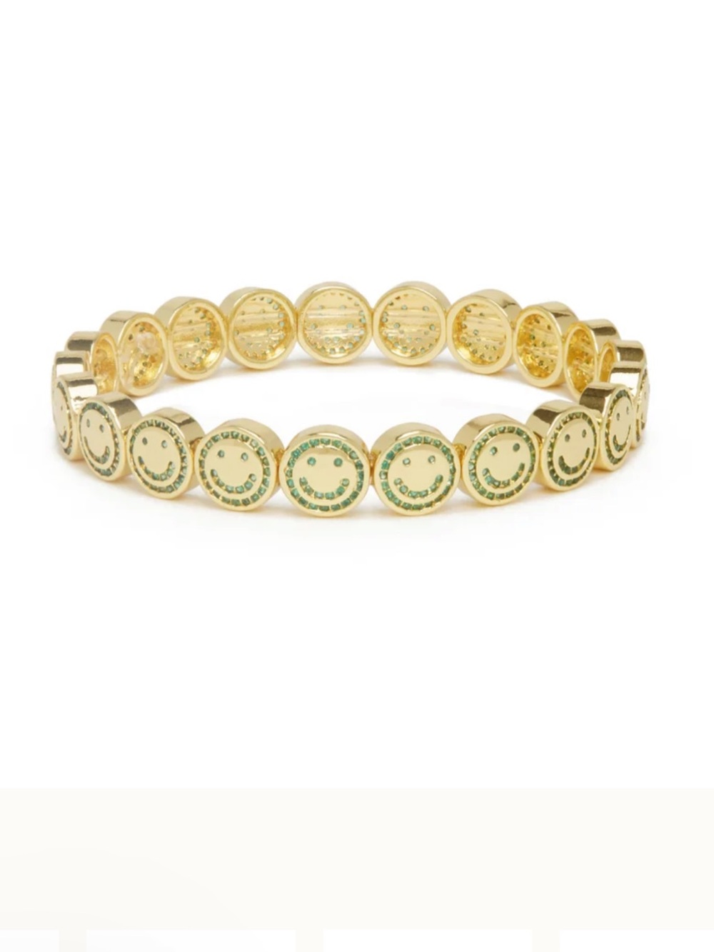 Gold-tone Smile Face Stretch Bracelet with Green Accents